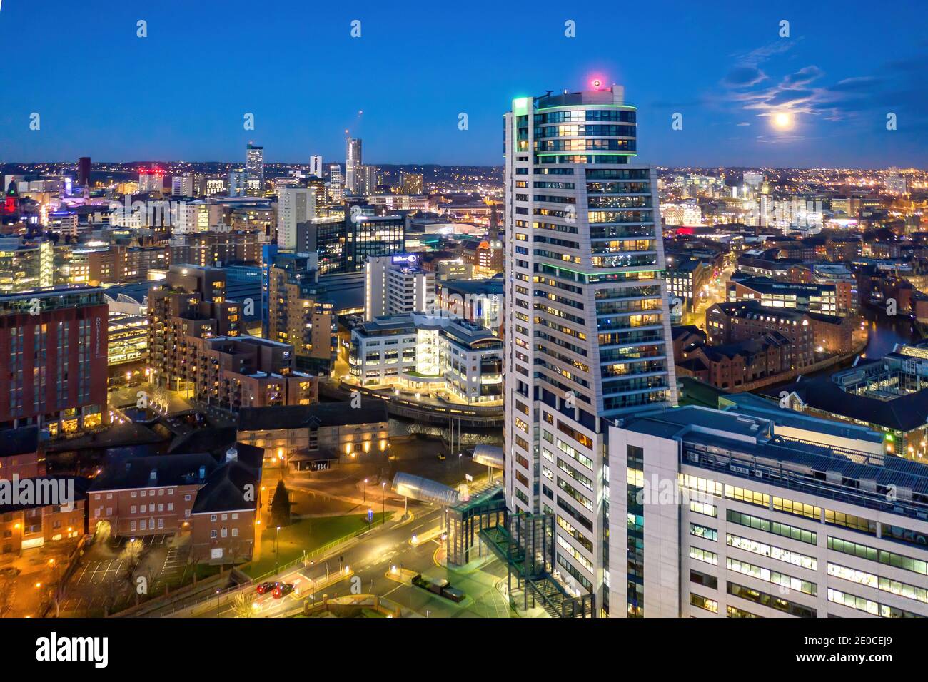 Leeds City Centre and Bridge Water Place. Aerial view looking over Leeds including hotels