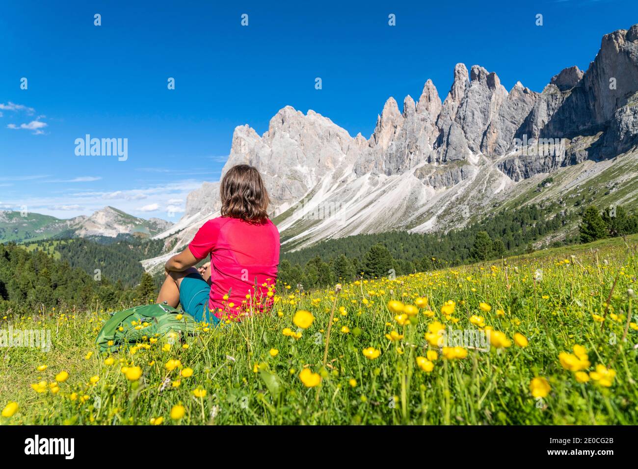 Young woman admiring the Odle peaks sitting on flowering meadows of Malga Brogles, Val di Funes, South Tyrol, Dolomites, Italy, Europe Stock Photo