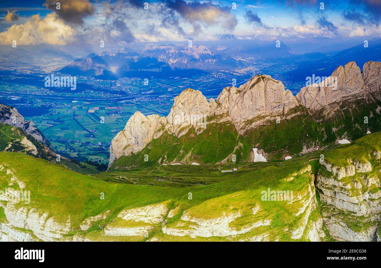Sunset on Saxer Lucke with the town of Buchs in St. Gallen canton in the background, aerial view, Appenzell Canton, Switzerland, Europe Stock Photo