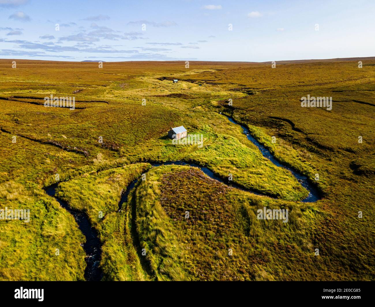 Aerial of a little hut in the Moorland on the Isle of Lewis, Outer Hebrides, Scotland, United Kingdom, Europe Stock Photo