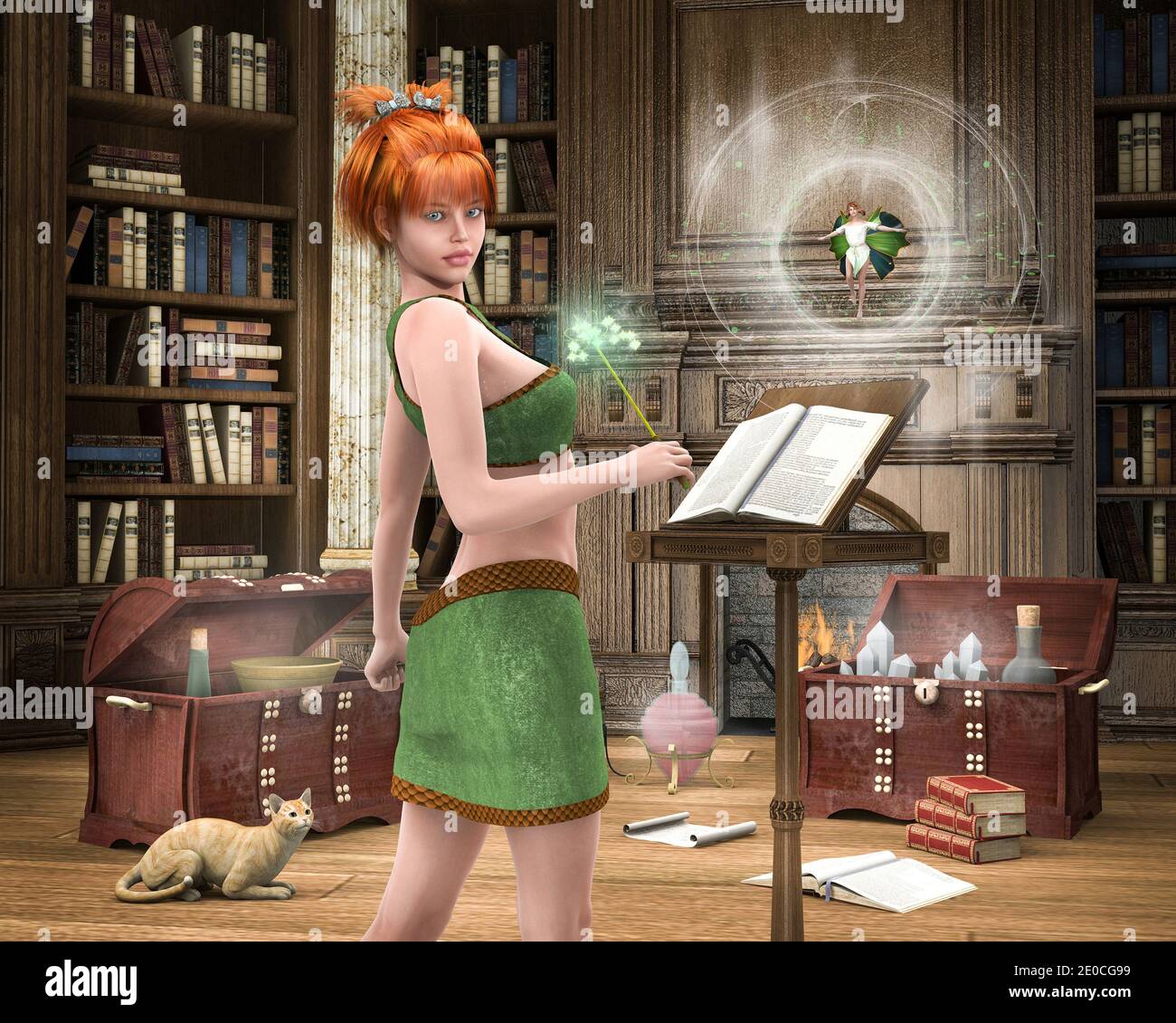 Apprentice witch practicing in the magical library. With a fairy in a sphere of energy. Stock Photo
