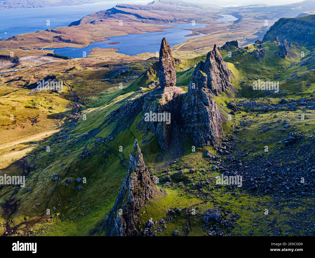 Aerial of the Storr pinnacle, Isle of Skye, Inner Hebrides, Scotland, United Kingdom, Europe Stock Photo