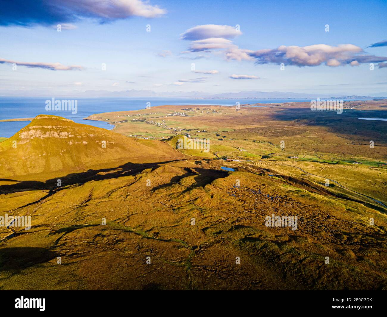 Aerial of the rugged mountain landscape of the Quiraing, Isle of Skye, Inner Hebrides, Scotland, United Kingdom, Europe Stock Photo