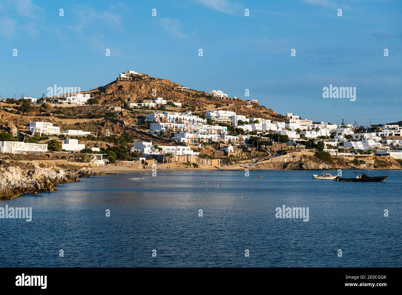 White washed houses over Agios Ioannis Beach, Mykonos, Cyclades, Greek Islands, Greece, Europe Stock Photo