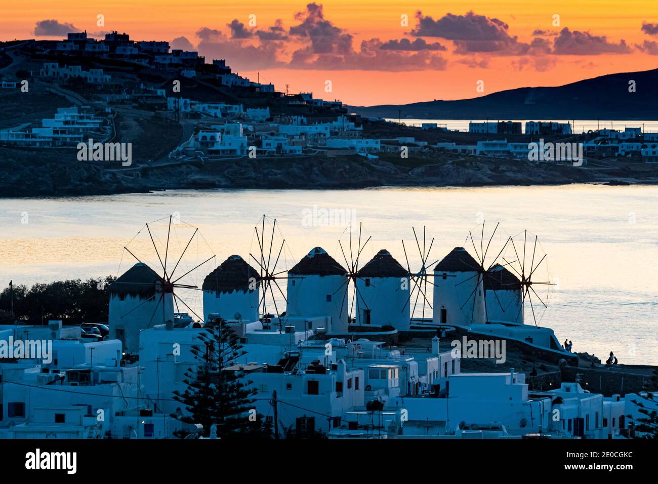 The Windmills (Kato Milli) at sunset, Horta, Mykonos, Cyclades, Greek Islands, Greece, Europe Stock Photo