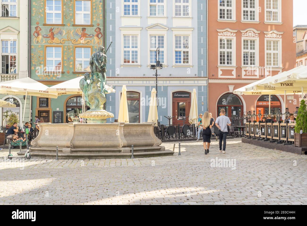 Fountain of Neptune in the Old Town Square, Poznan, Poland, Europe Stock Photo