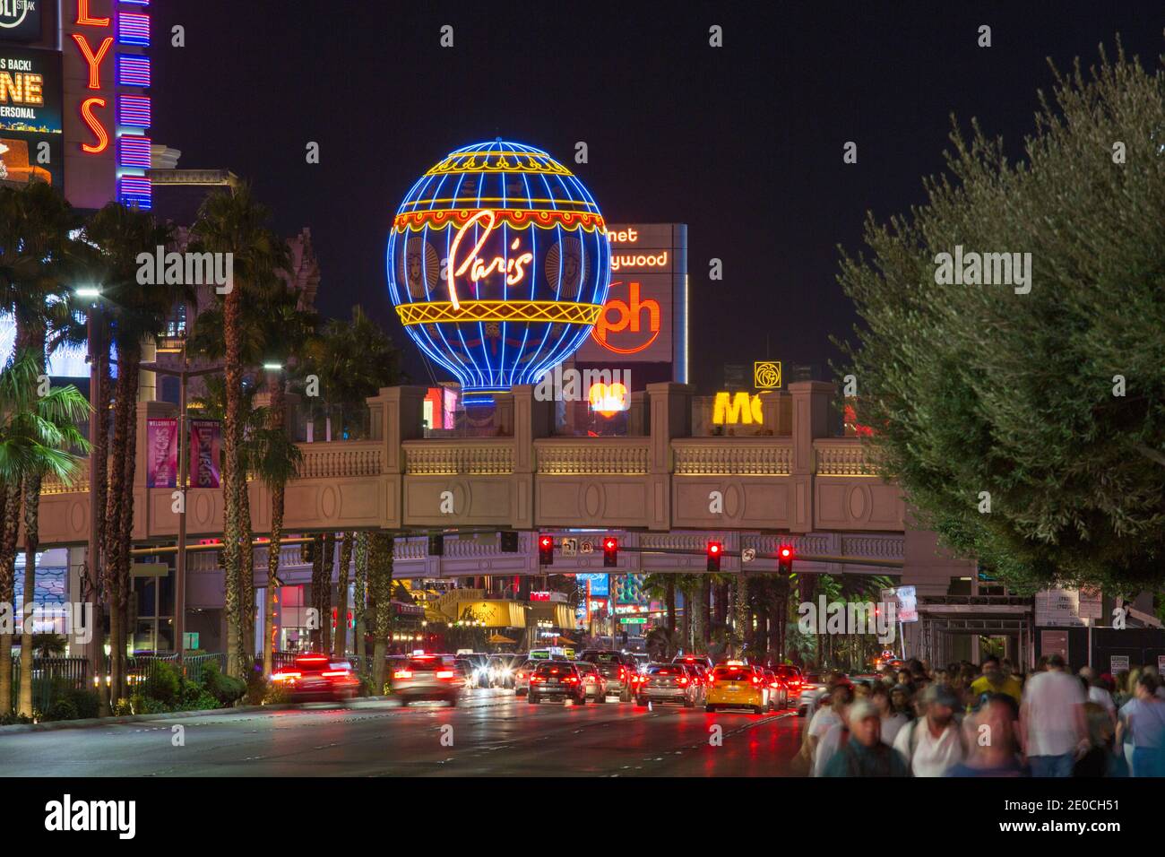 View along The Strip by night, illuminated Montgolfier balloon promoting the Paris Hotel and Casino, Las Vegas, Nevada, United States of America Stock Photo