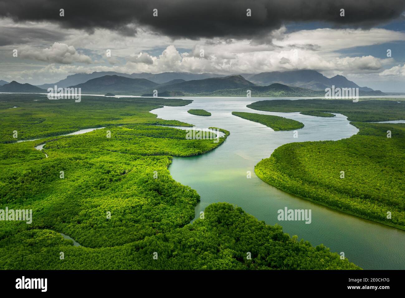 Aerial shot of the amazing Hinchinbrook Channel. Stock Photo