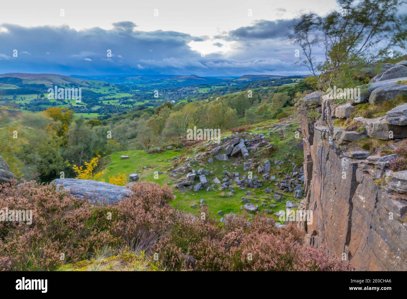 View toward Hathersage from Lawrencefield during autumn, Hathersage, Hope Valley, Derbyshire Peak District, Derbyshire, England, United Kingdom Stock Photo