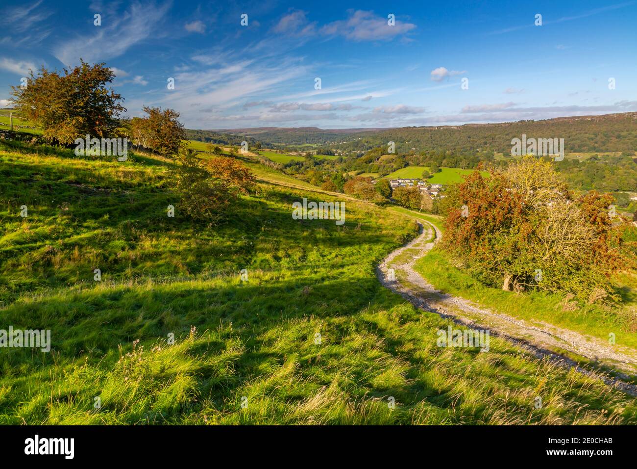 View of track leading to Calver Village overlooked by Curbar Edge, Calver, Derbyshire Peak District, Derbyshire, England, United Kingdom, Europe Stock Photo