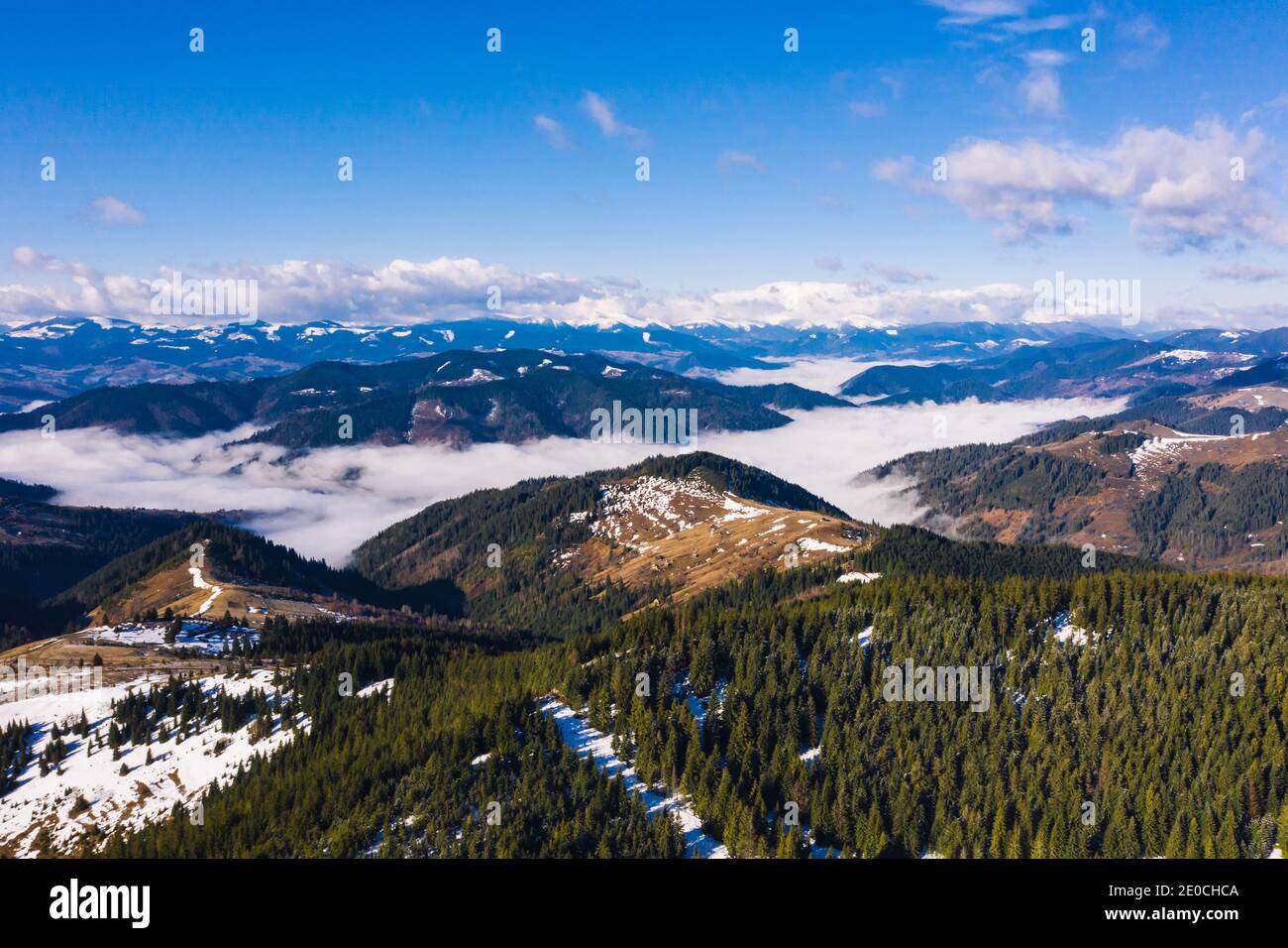 Morning in the mountains. Carpathian Ukraine, Aerial view Stock Photo ...