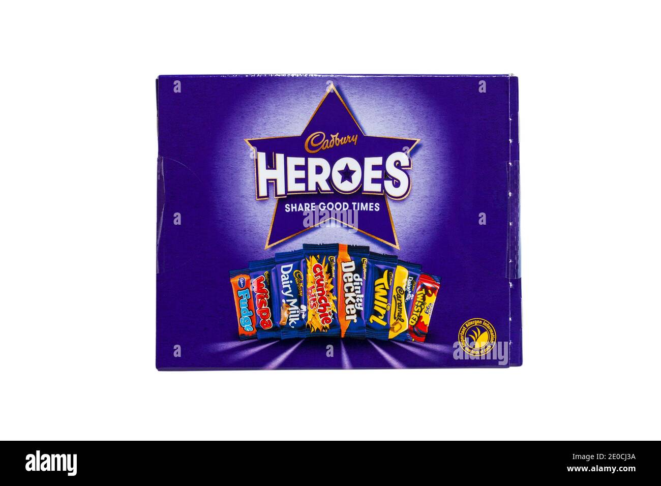 Box of Cadbury Heroes chocolates isolated on white background - share good times - heroes chocolate box, heroes chocolates Stock Photo