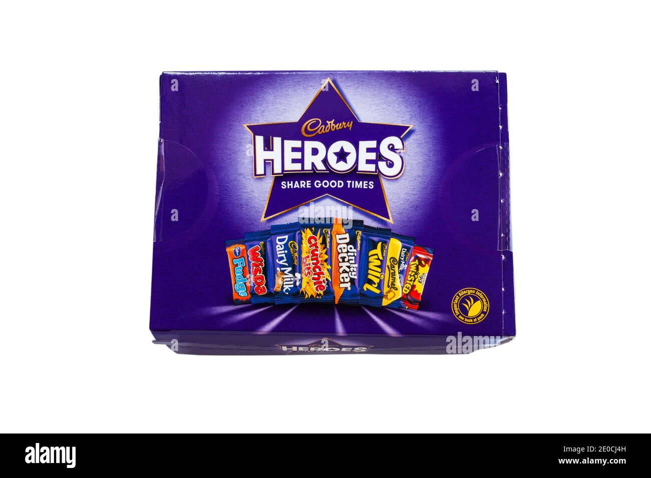 Box of Cadbury Heroes chocolates isolated on white background - share good times - heroes chocolate box, heroes chocolates Stock Photo