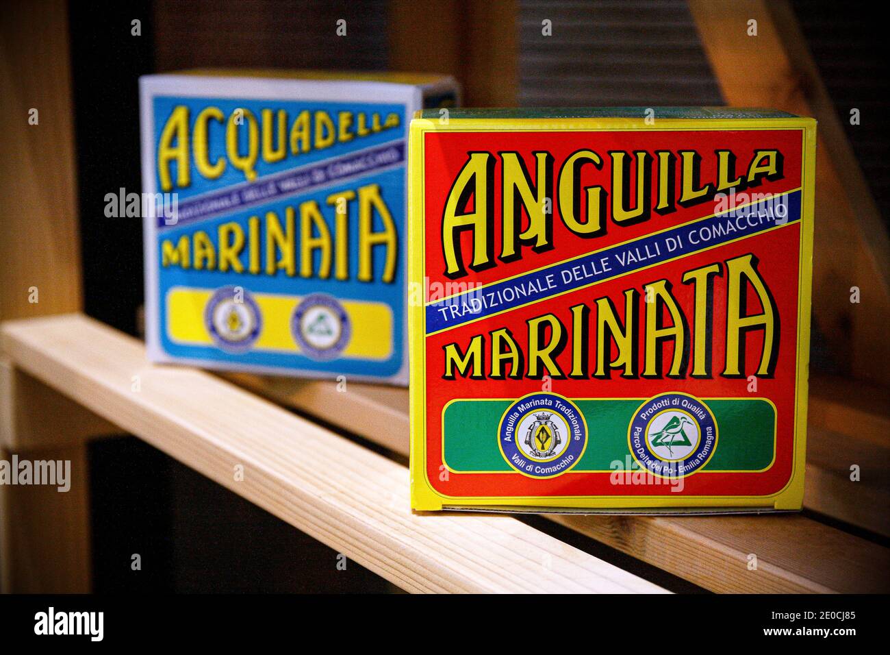 Italy Emilia Romagna - Valli di Comacchio - canned food products -  Acquadella Marinata and eel marinata Stock Photo - Alamy