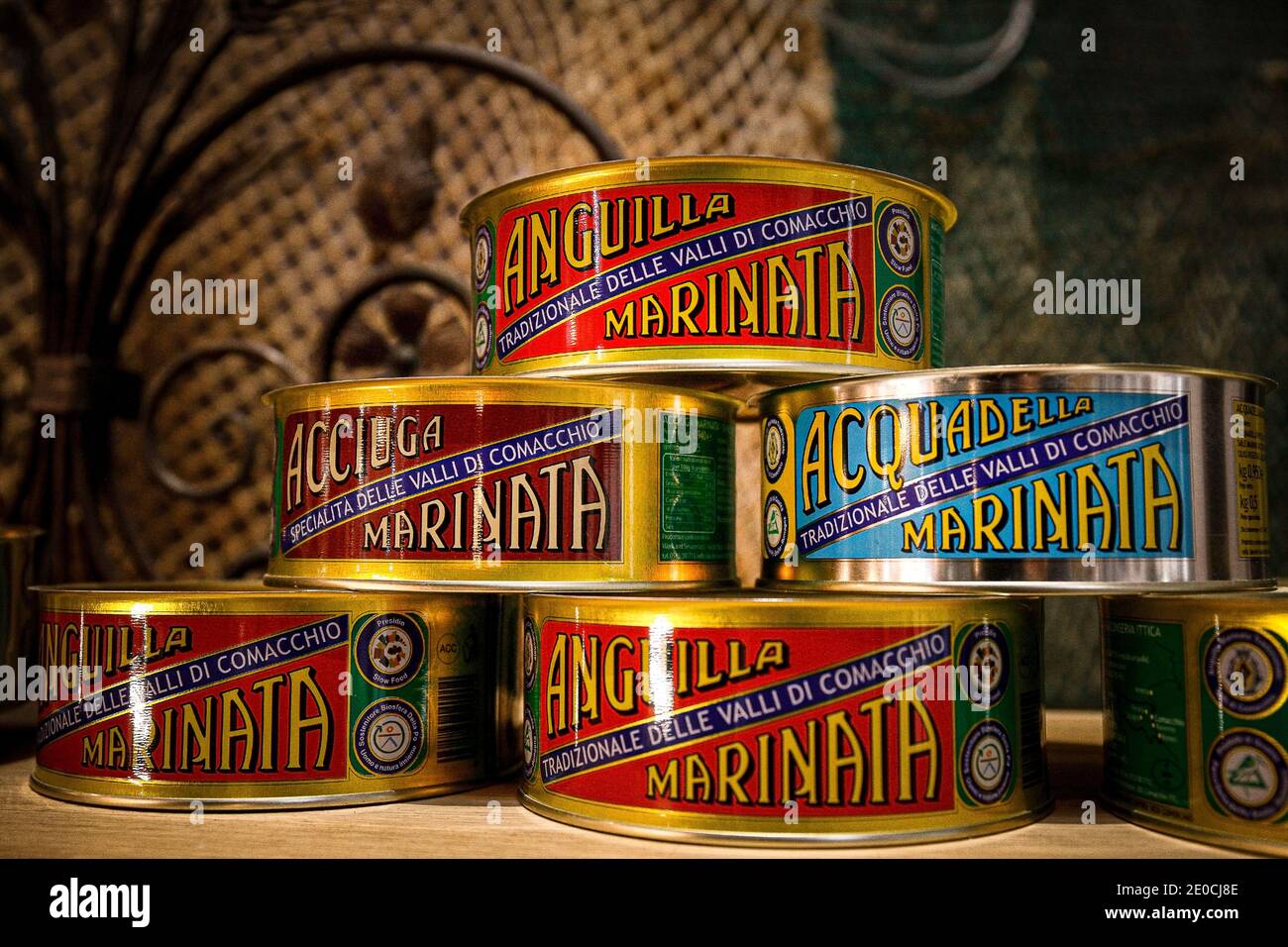 Italy Emilia Romagna - Valli di Comacchio - canned food products - eel marinata, anchovy marinata and acquadella marinata Stock Photo