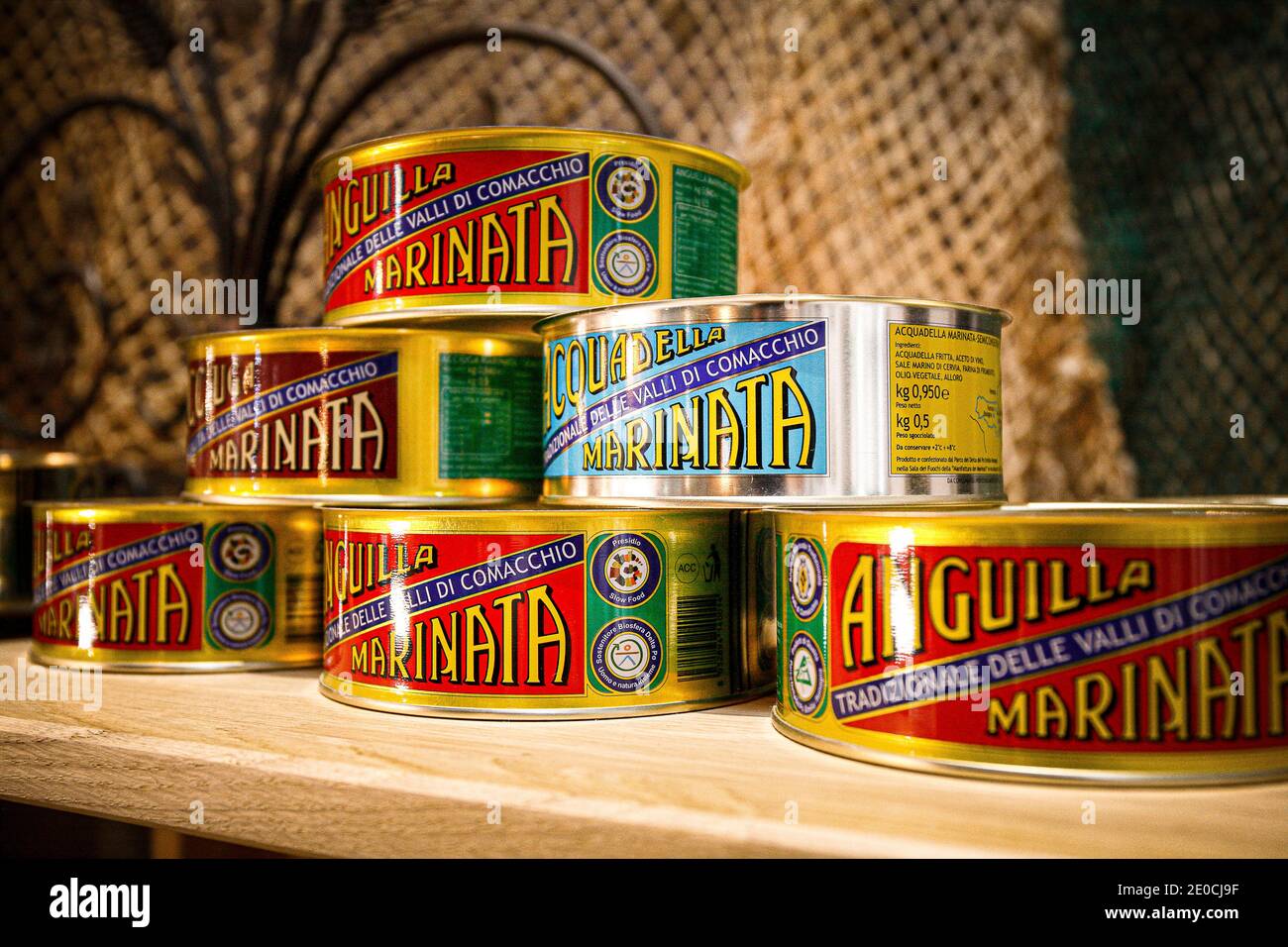 Italy Emilia Romagna - Valli di Comacchio - canned food products - eel marinata, anchovy marinata and acquadella marinata Stock Photo