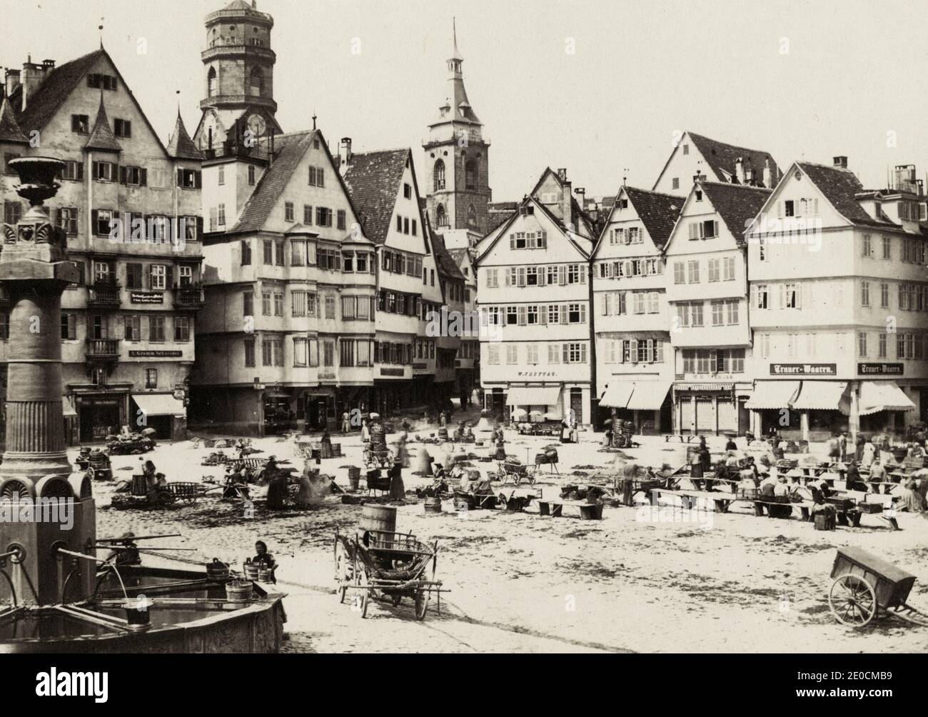 19th century vintage photograph - market place, Stuttgart, Germany