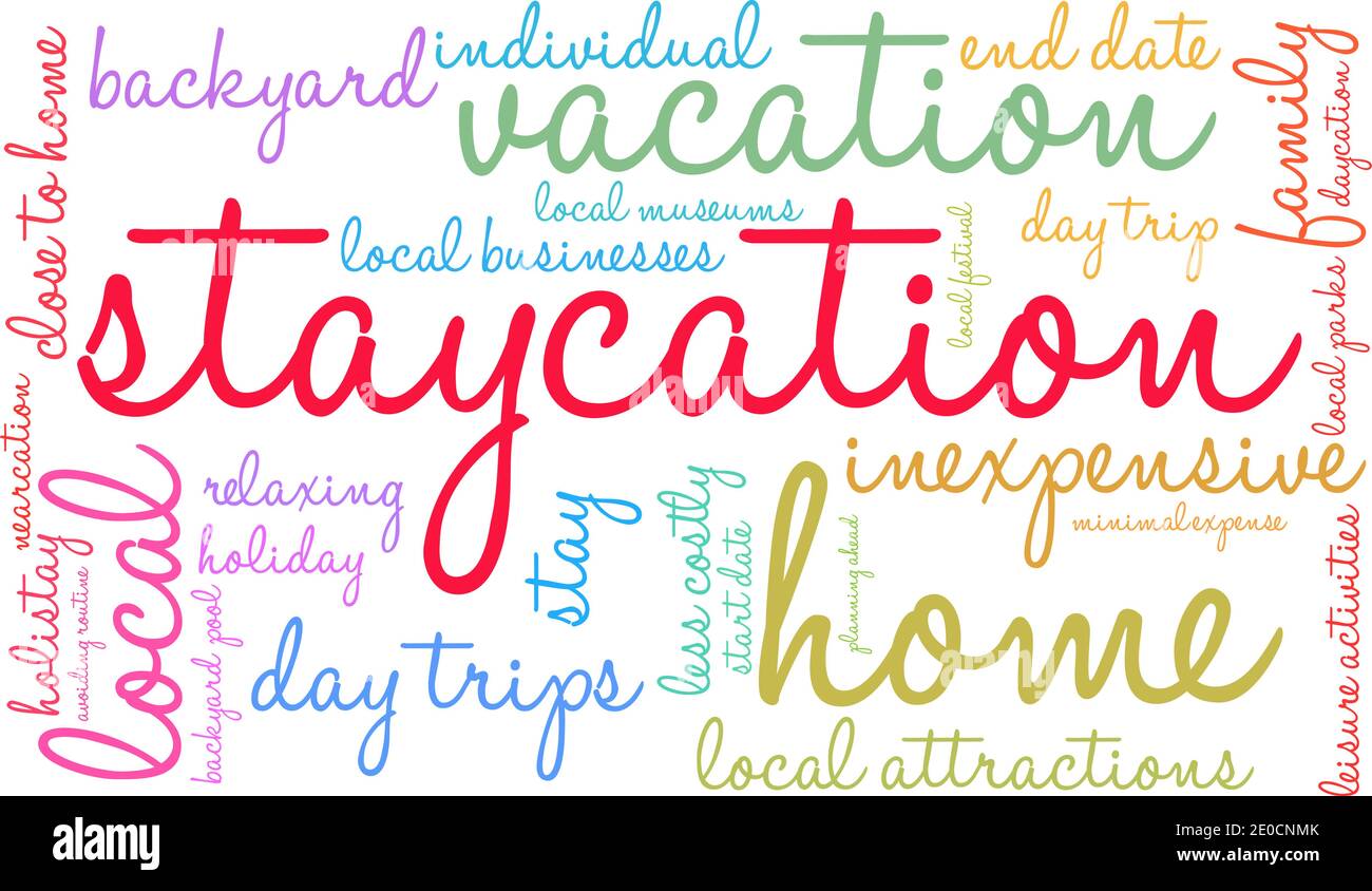 Staycation word cloud on a white background. Stock Vector