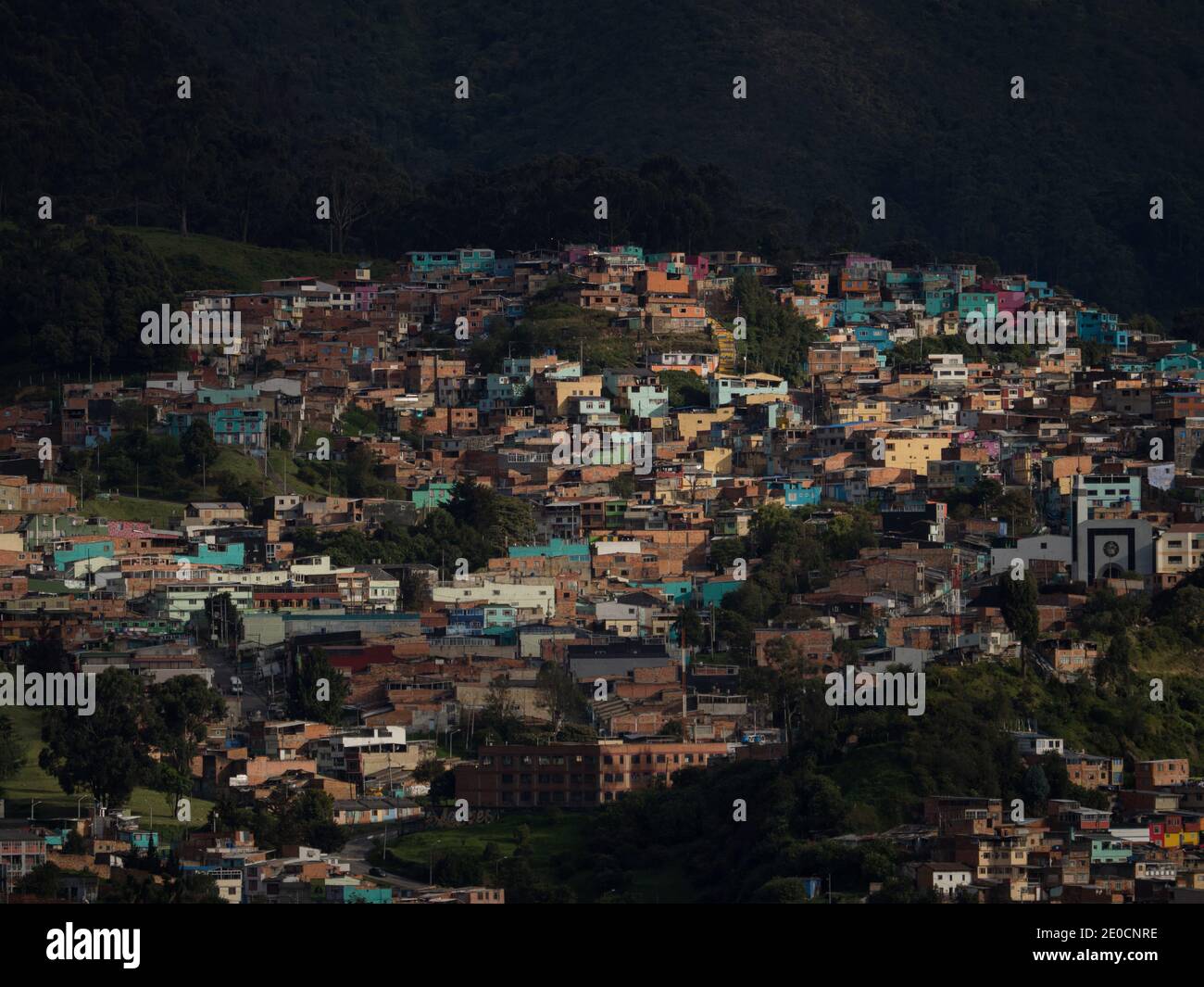 Colorful houses Bogota slum ghetto poor neighborhood seen from viewing