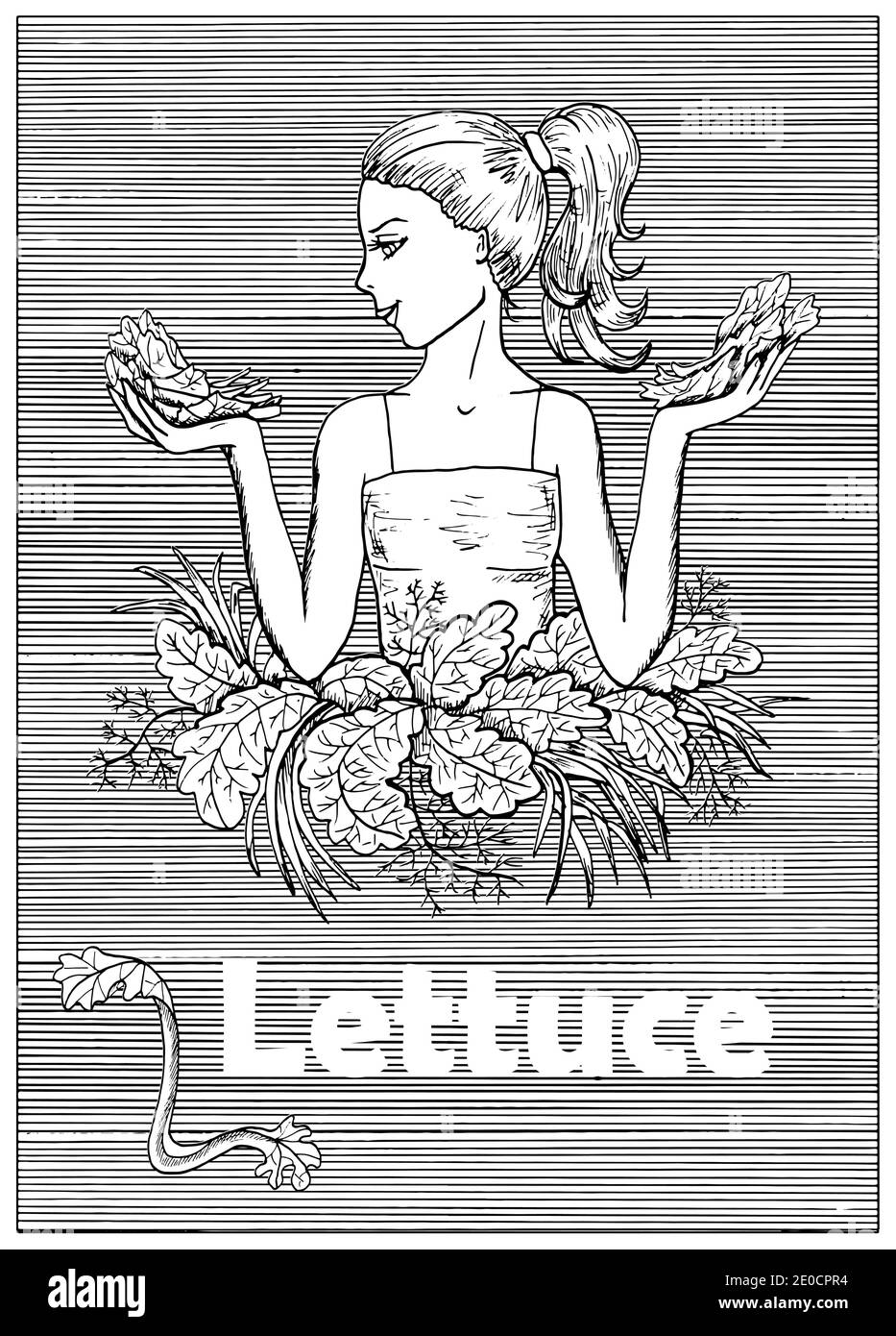 Young beautiful woman holding lettuce over striped background. Hand drawn black and white vector illustration, engraved and vertical, healthy eating, Stock Vector