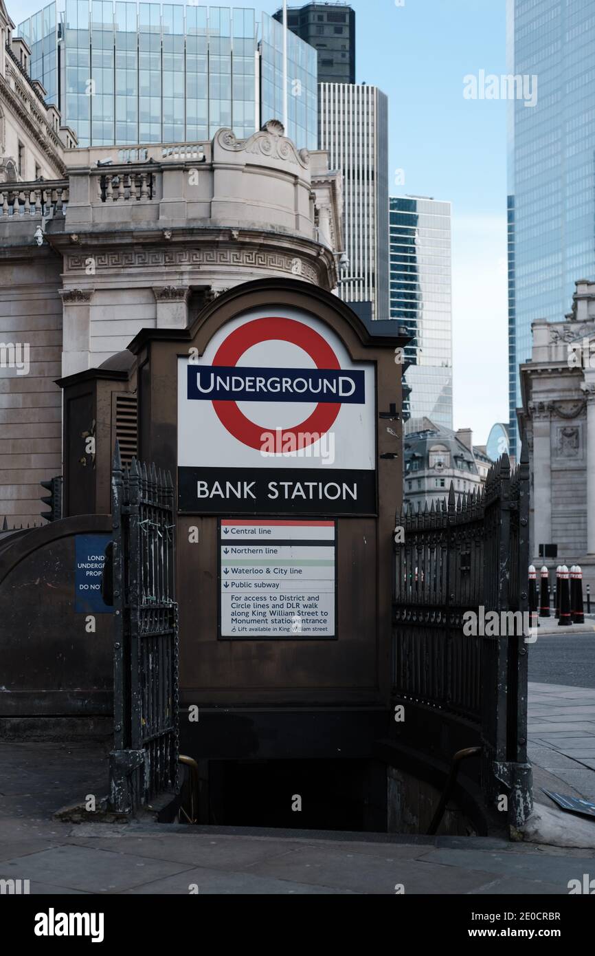 London, UK - December 2020 :   Bank underground station in the City of London with quiet streets during Tier 4 lockdown Stock Photo