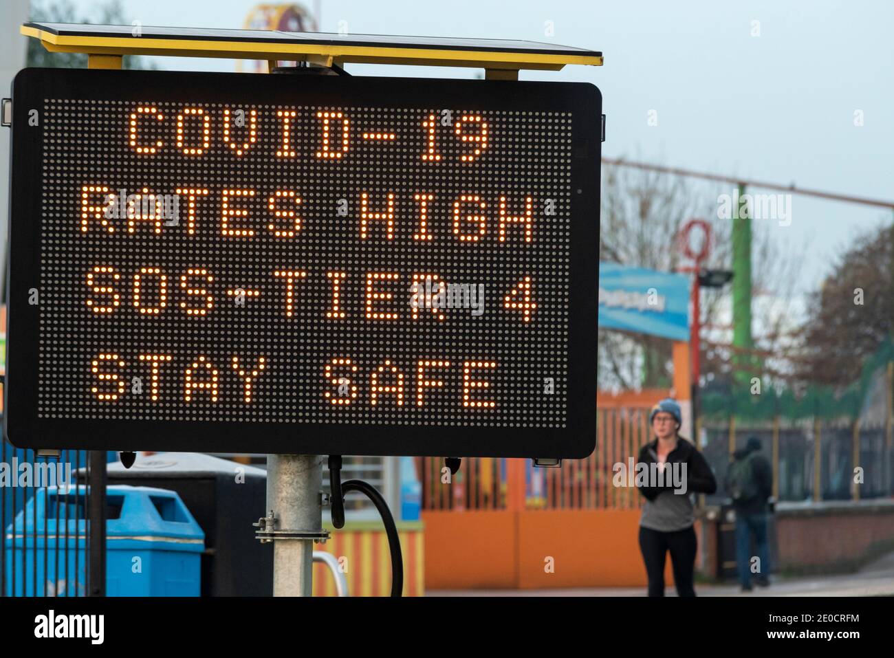 Electronic matrix sign warning of high COVID 19 infection rates in Southend on Sea, Essex, UK. Tier 4 Coronavirus pandemic message. Stay safe Stock Photo