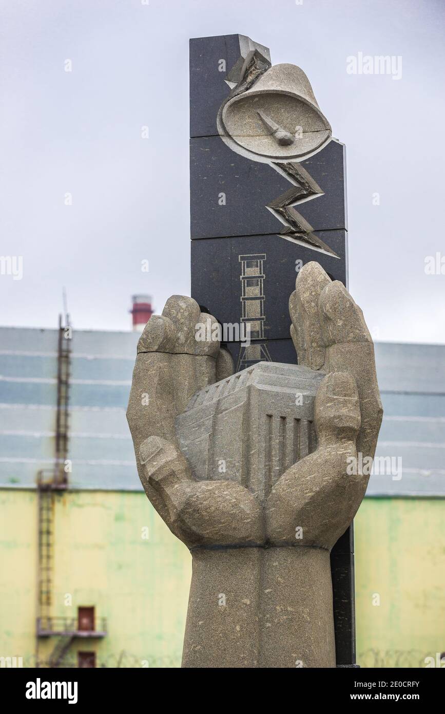 Monument to the Chernobyl Victims in front of Chernobyl Nuclear Power Plant in Zone of Alienation, Ukraine Stock Photo