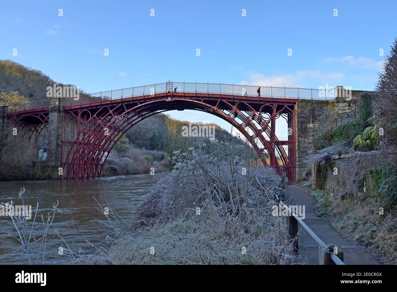 Shropshire, UK, 31st December 2020. A Heavy frost and bright sunshine greets visitors to the iconic Ironbridge in Shropshire. G.P. Essex/Alamy Live News - Stock Image