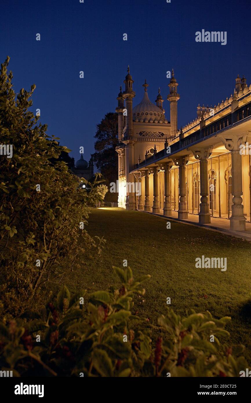 Royal pavilion in brighton. The palace of George IV Prince of Wales born in 1762, and the oldest son of George III. The palace photographed at night. Stock Photo