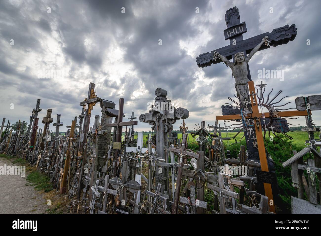 Large wooden crosses on Hill of Crosses in Lithuania Stock Photo