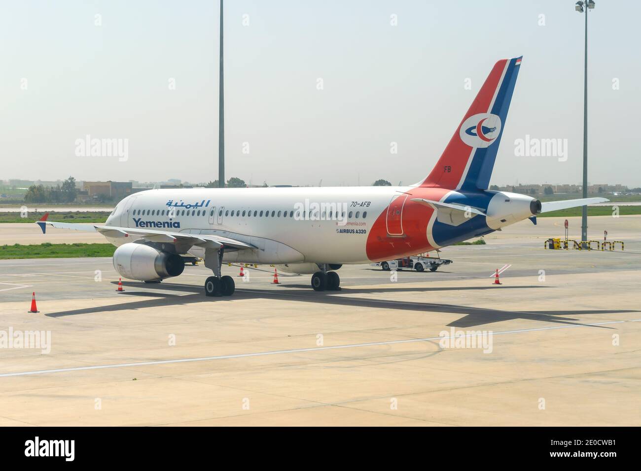 Yemenia Airlines Airbus A320. Yemen Airways airline, based in Sana'a and Aden Airport. Airline with a tumultuous recent history due to conflicts. Stock Photo
