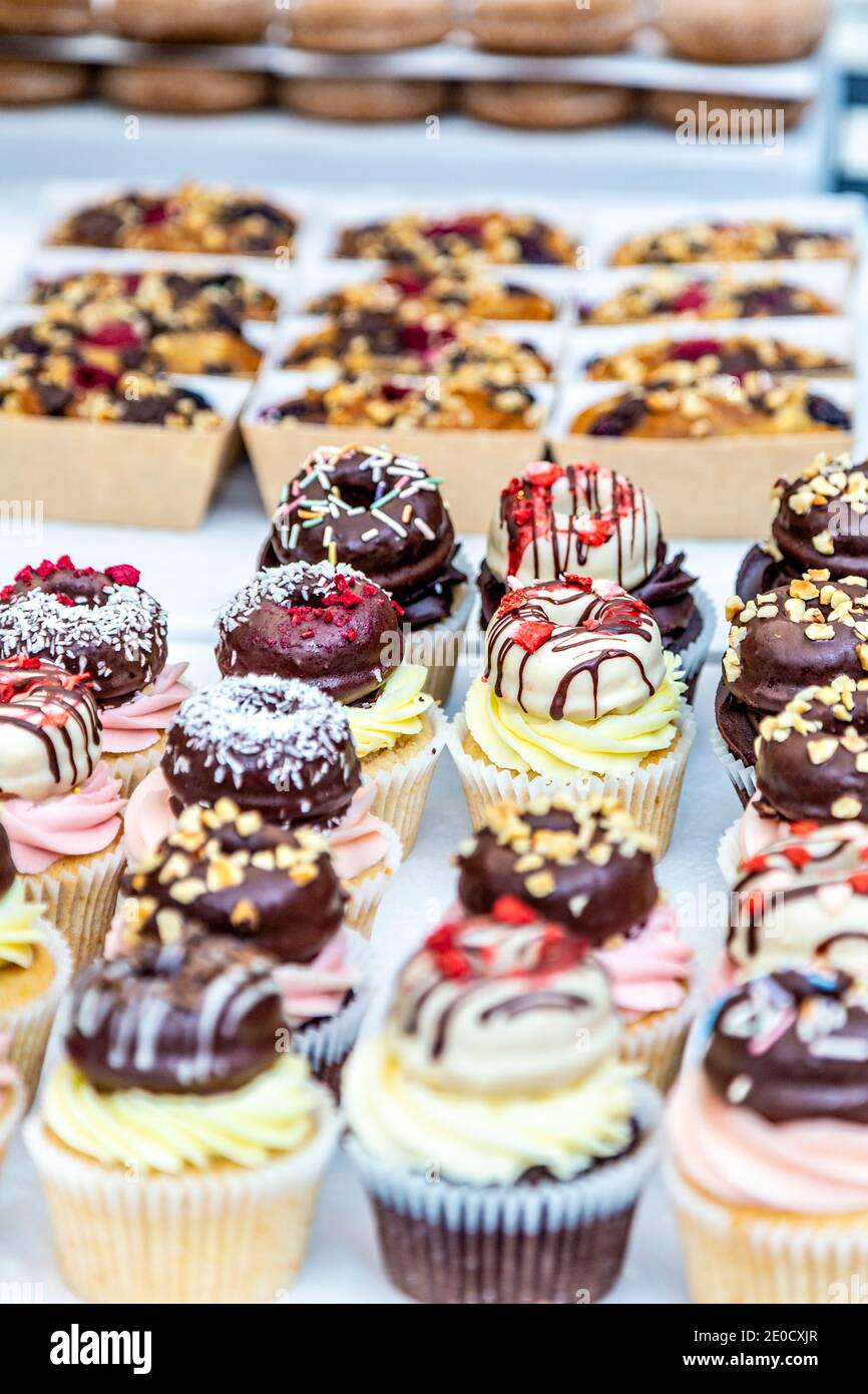 Vegan cupcakes at Ruby's of London stall at the Greenwich Market, London, UK Stock Photo
