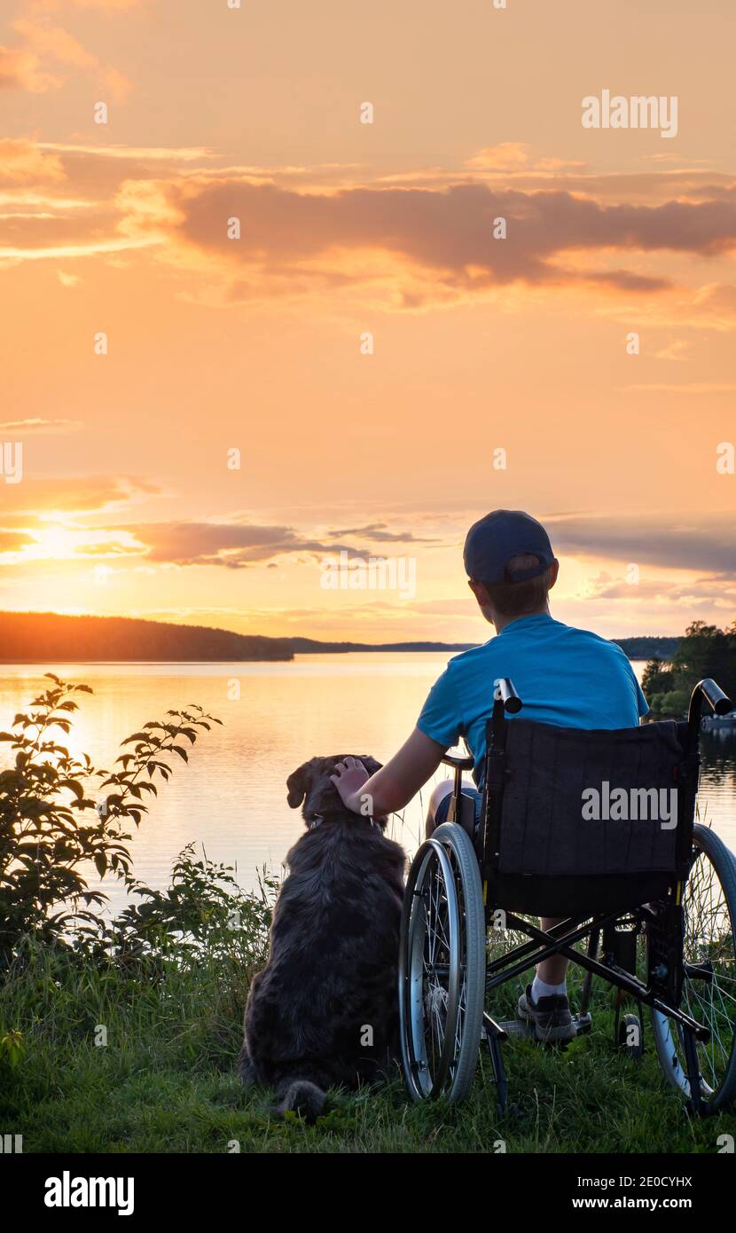 Boy in wheelchair at sunset with dog Stock Photo