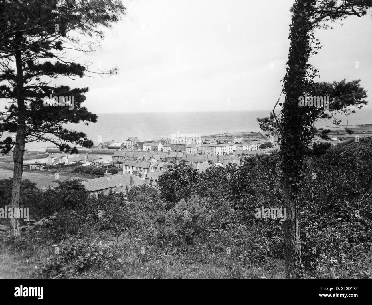 A late Victorian black and white photograph looking through trees down on to the village of Aberavon in South wales. Stock Photo
