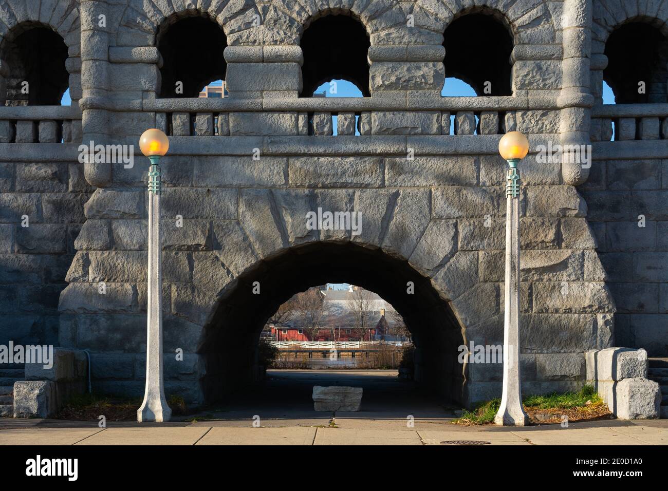 Stone structure with tunnel leading to park. Chicago, Illinois, USA