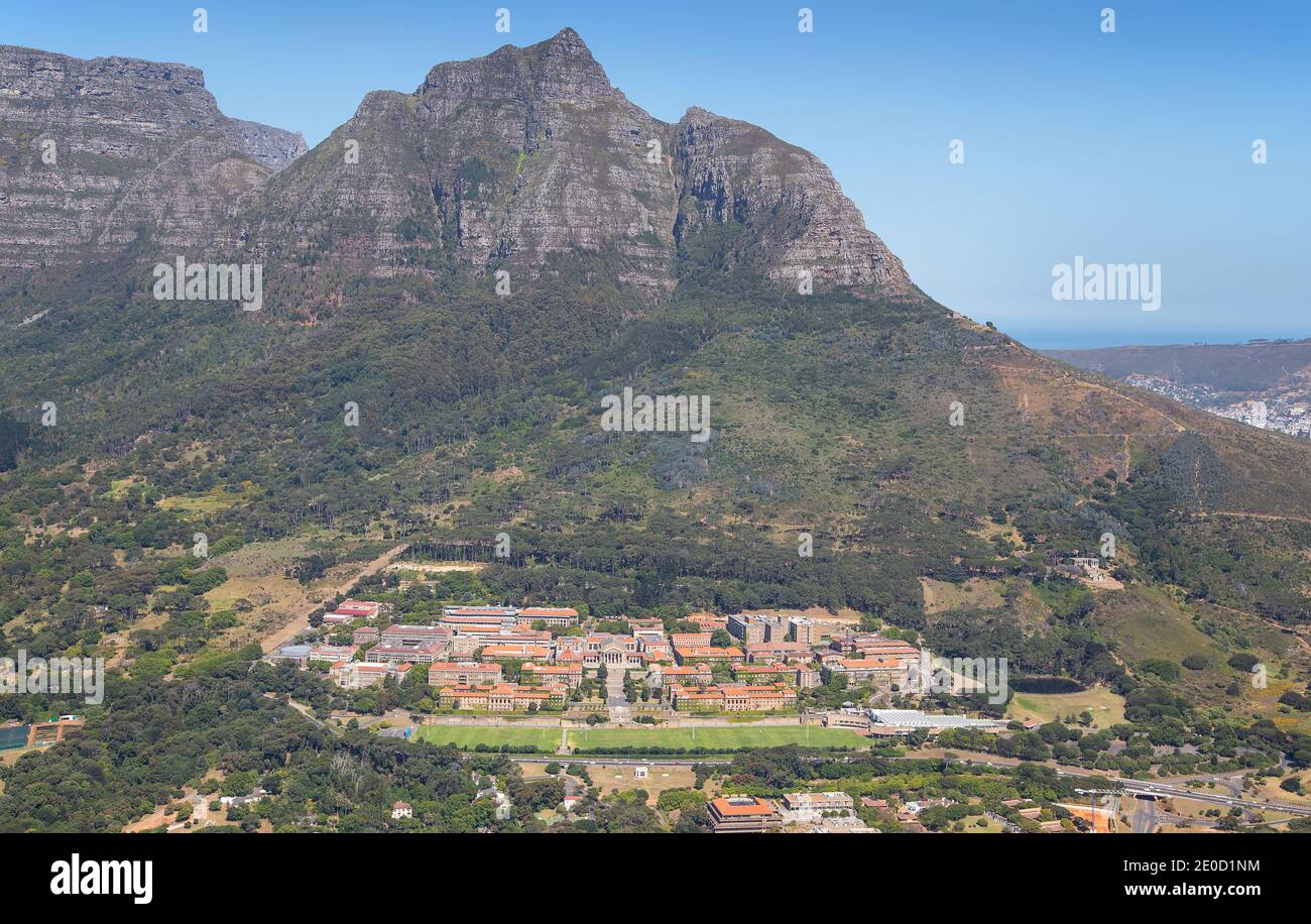 Cape Town, Western Cape, South Africa - 12.22.2020: Aerial photo of the University of Cape Town with Table Mountain in the background Stock Photo