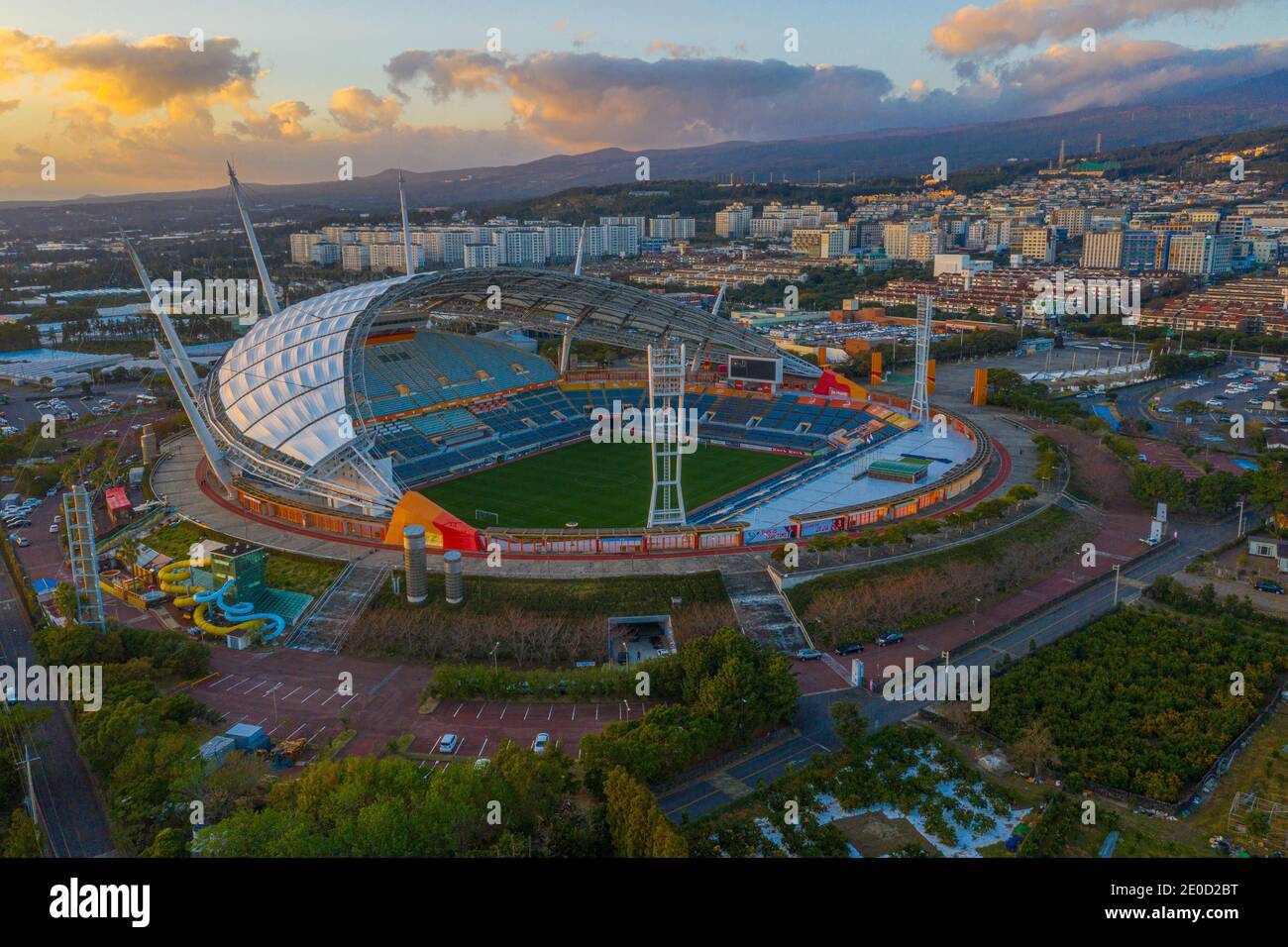 Sunset aerial view of Seogwipo stadium at Jeju island, Repubic of Korea Stock Photo