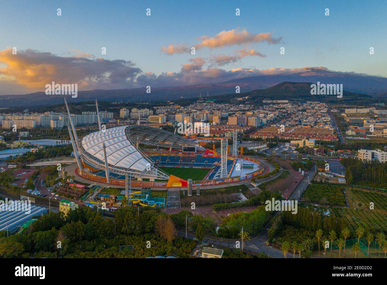 Sunset aerial view of Seogwipo stadium at Jeju island, Repubic of Korea Stock Photo
