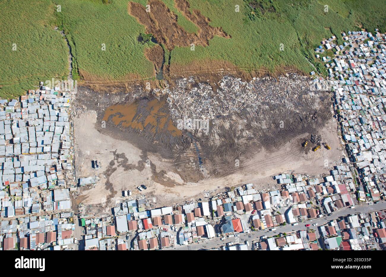 Cape Town, Western Cape, South Africa - 12.22.2020: Aerial photo of Masiphumelela Township fire damage Stock Photo