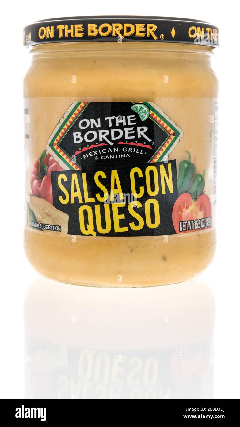 Winneconne, WI -27 December 2020: A jar of On the border sals con queso salsa on an isolated background. Stock Photo