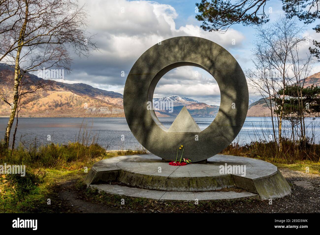 The Rowardennan War Memorial sculpture by Doug Cocker on the eastern shore of loch Lomond, Scotland, UK Stock Photo