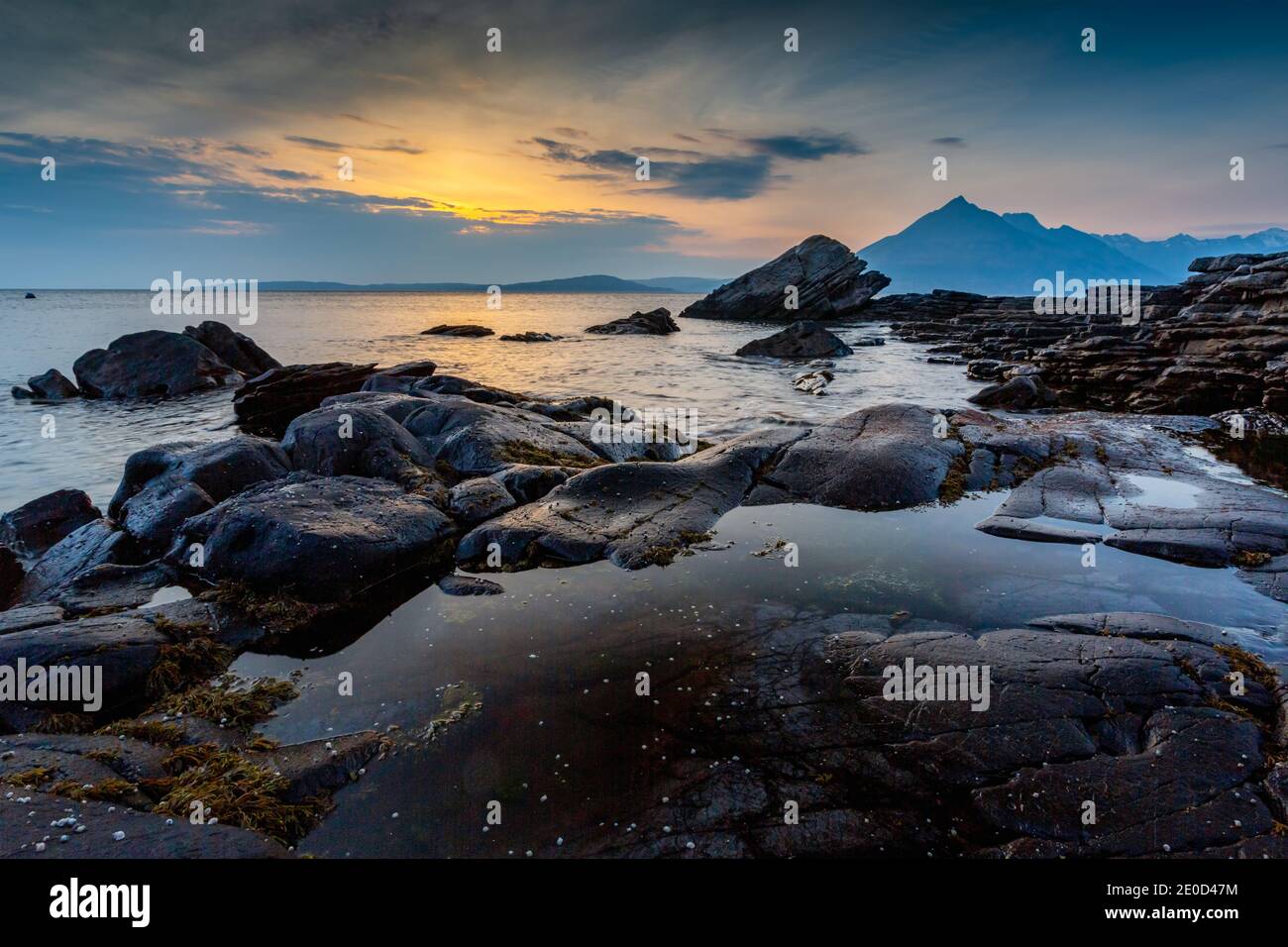 Sunset at Elgol Beach on Loch Scavaig, Cuillin Mountains, Isle of Skye, Scotland, Uk Stock Photo