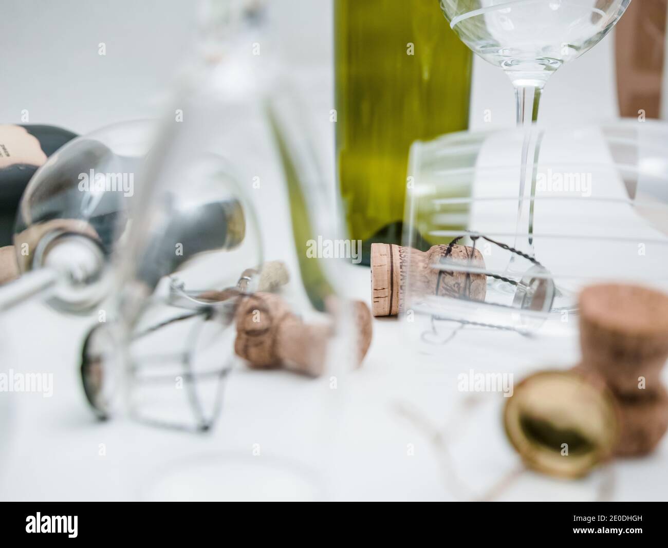 Spilled glasses, corks, all in a mess.. Stock Photo