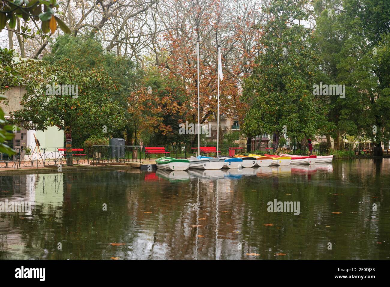 Recreational boats on a lake in D. Carlos park in Caldas da Rainha Stock Photo