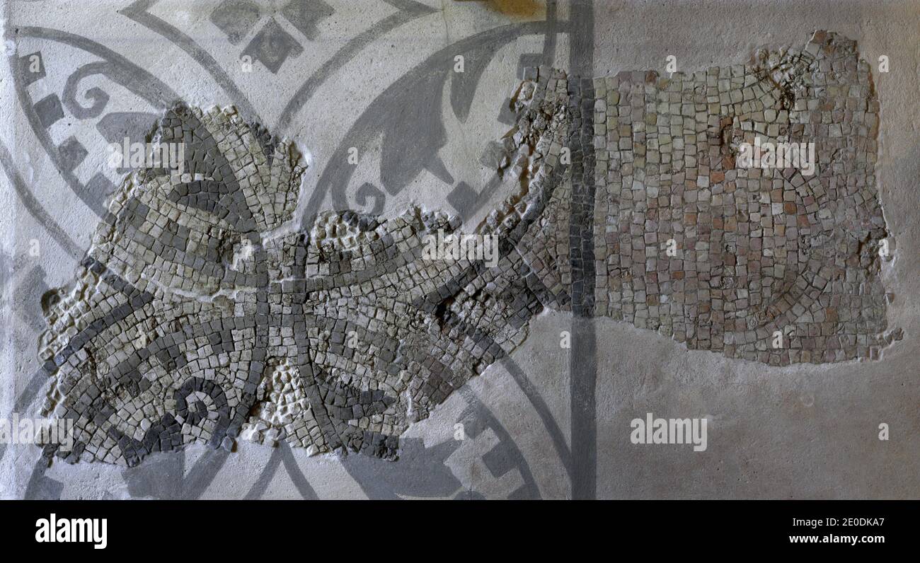 Fragment of mosaic with geometric decoration. Deposit of Eirexa-Vella de Bares, Late Roman Villa of Bares. Mañón (A Coruña province, Galicia, Spain). Archaeological and History Museum (San Anton Castle). A Coruña, Galicia, Spain. Stock Photo