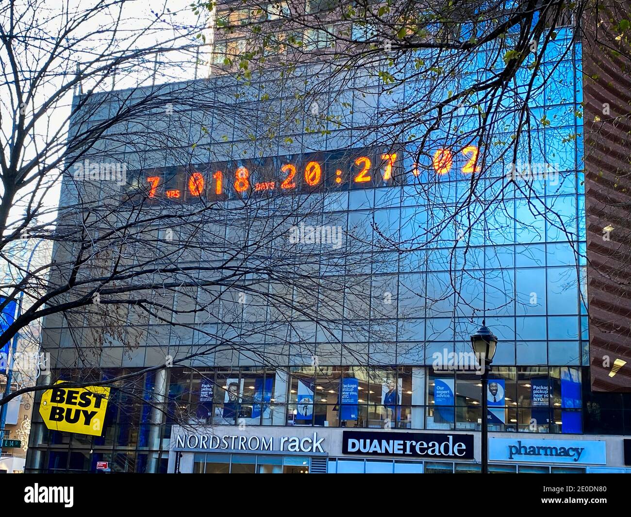 New York, NY, USA - Dec 31, 2020: Union Square time clock indicating time left before global warming cannot be reversed Stock Photo