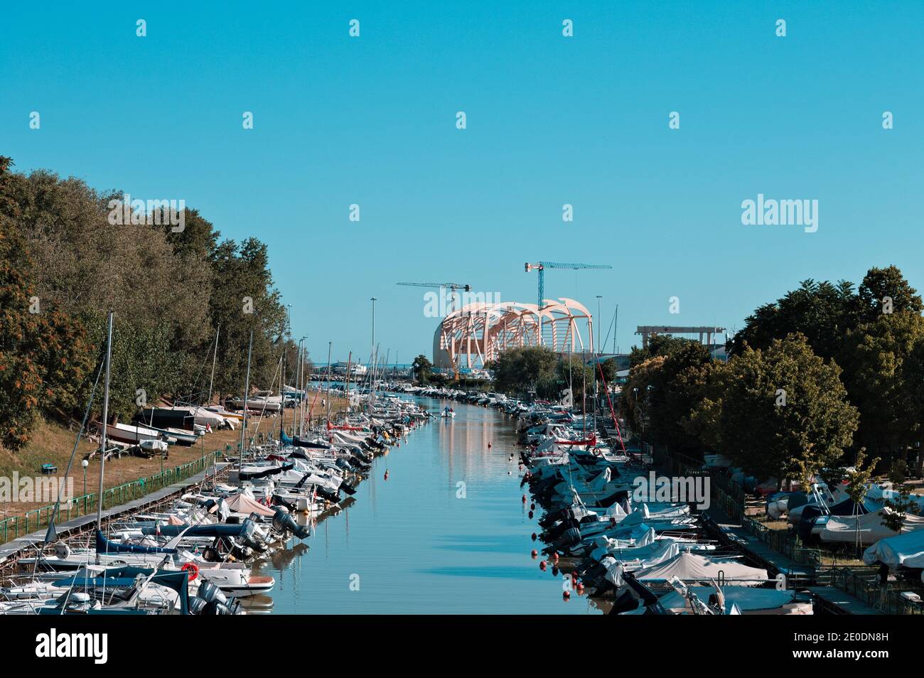 Pesaro, Italy - 09 july 2020: boats moored in the port of Pesaro along the Foglia river Stock Photo