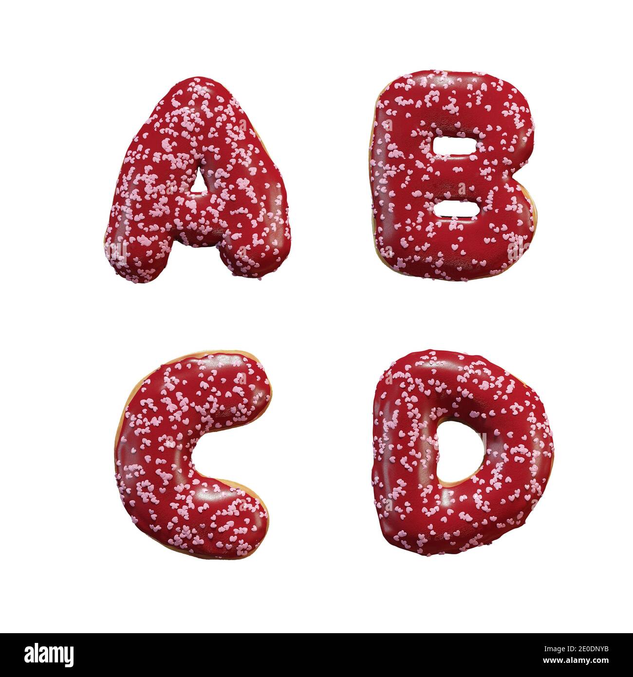 3D rendering of donut letters alphabet with red icing and pink heart sprinkles letters AD
