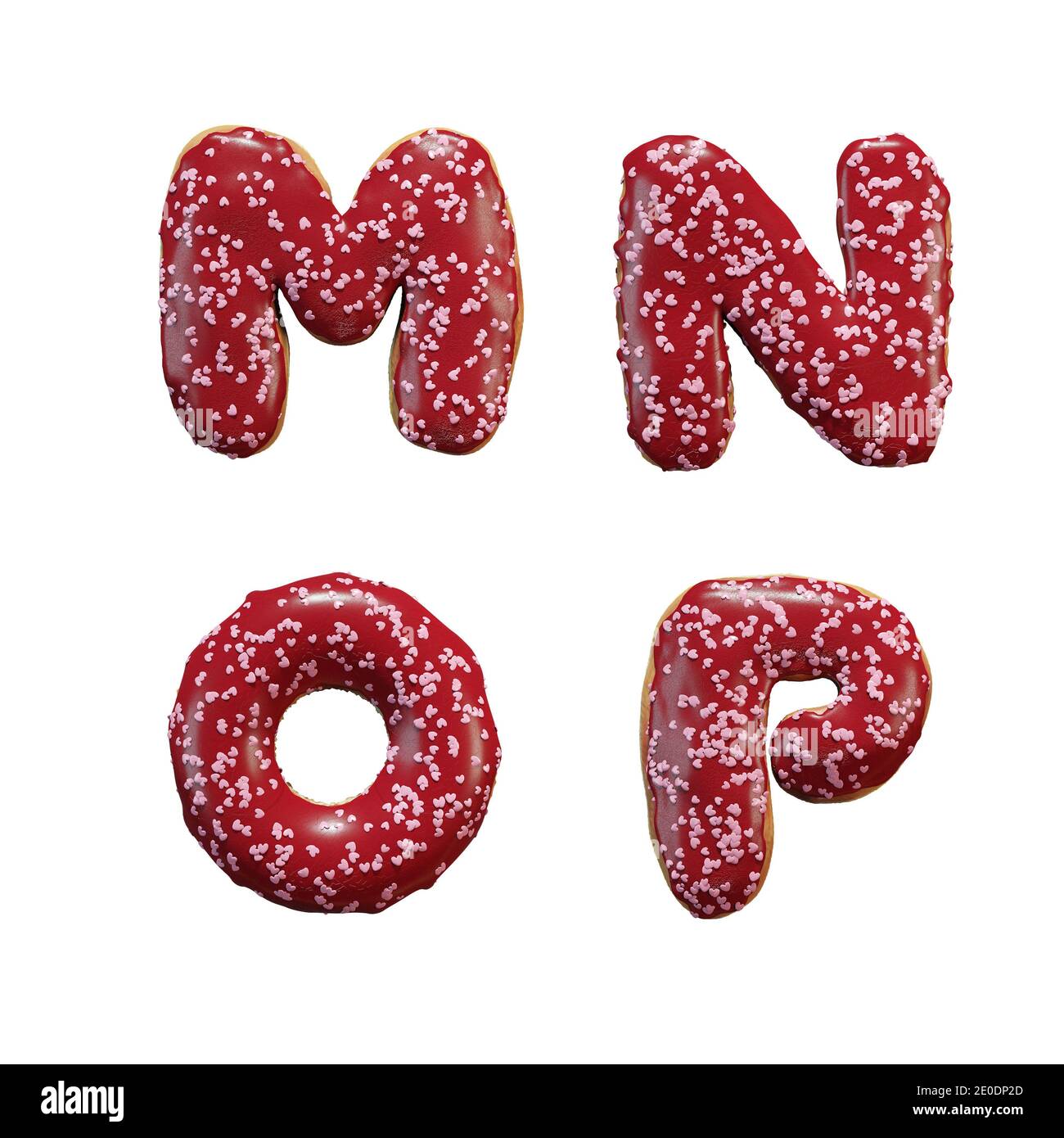 3D rendering of donut letters alphabet with red icing and pink heart sprinkles letters MP