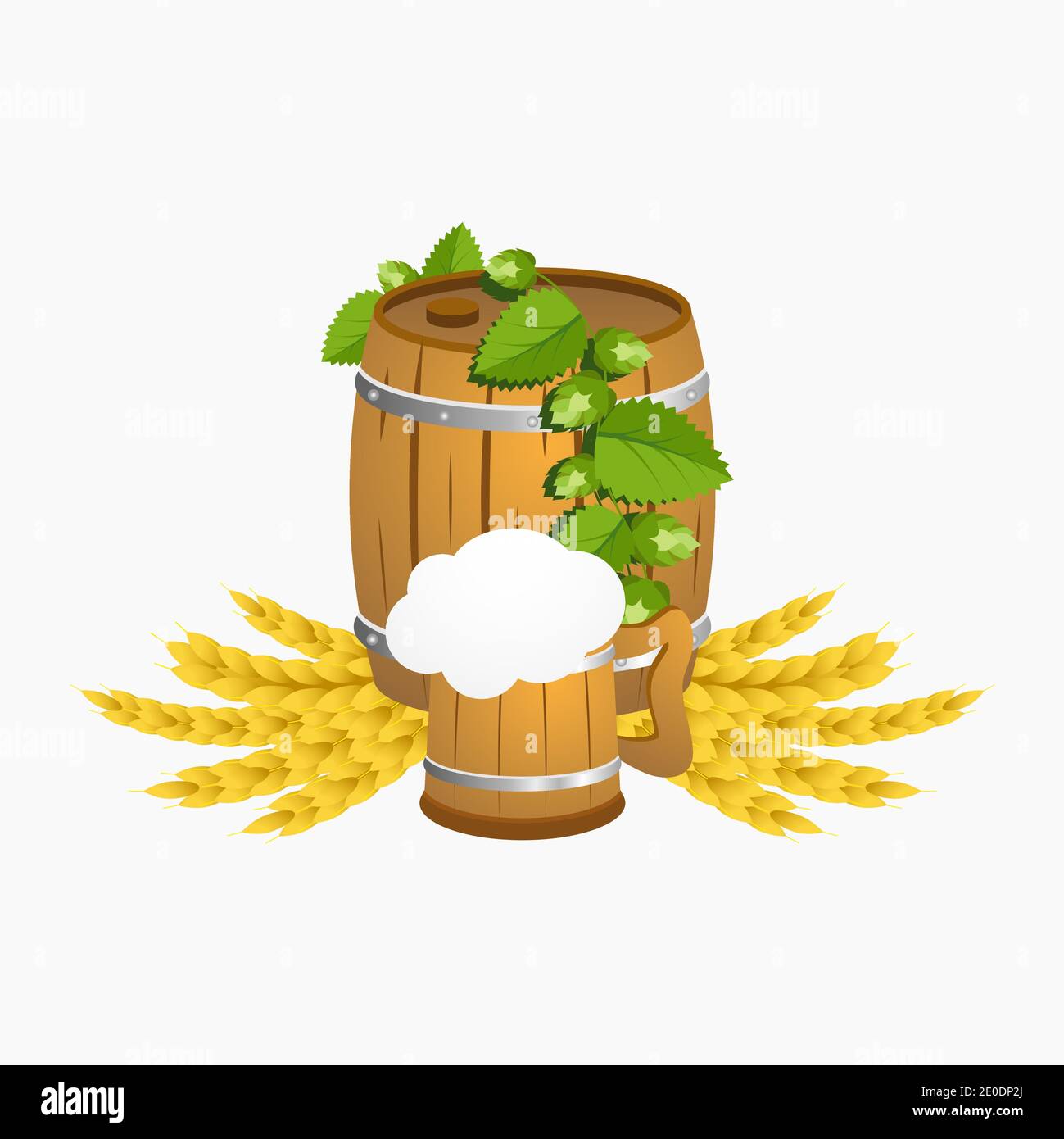 Wooden beer barrel with a wooden mug of beer with hops and wheat.Vector illustration. Stock Vector